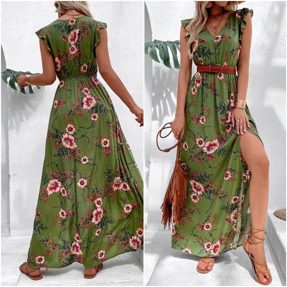 Boho Floral Print Butterly Sleeve Maxi Dress - Picture 3 of 7